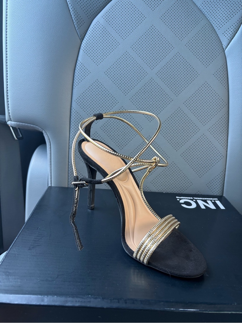 INC International Concepts Black and Gold Strappy Stiletto Sandal